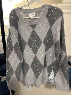 Pink Rose Gray Argyle Knit Crew Sweater